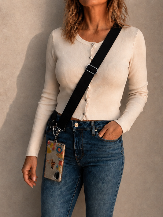 Im Just A Girl Genuine Leather Crossbody Phone Strap - Midnight Black (3.8 cm) Wallet-Free