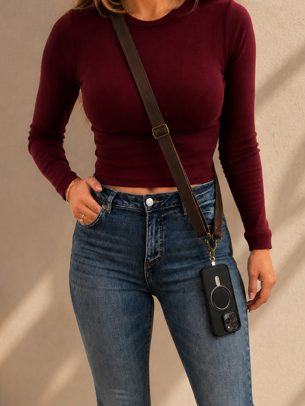 Im Just A Girl Genuine Leather Crossbody Phone Strap - Brown (2.5 cm) Wallet-Free