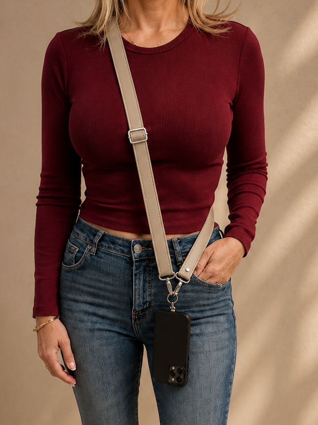 Im Just A Girl Genuine Leather Crossbody Phone Strap - Beige (2.5cm) Wallet-Free