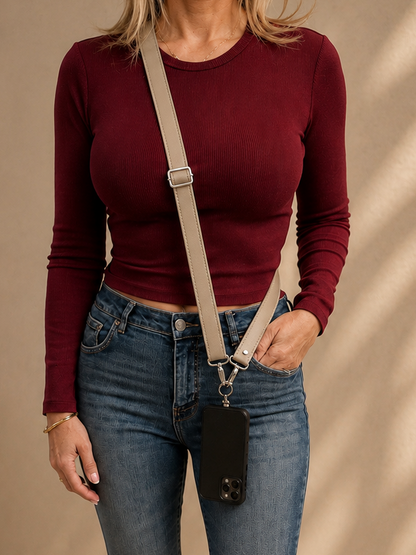 Im Just A Girl Genuine Leather Crossbody Phone Strap - Beige (2.5cm) Wallet-Free